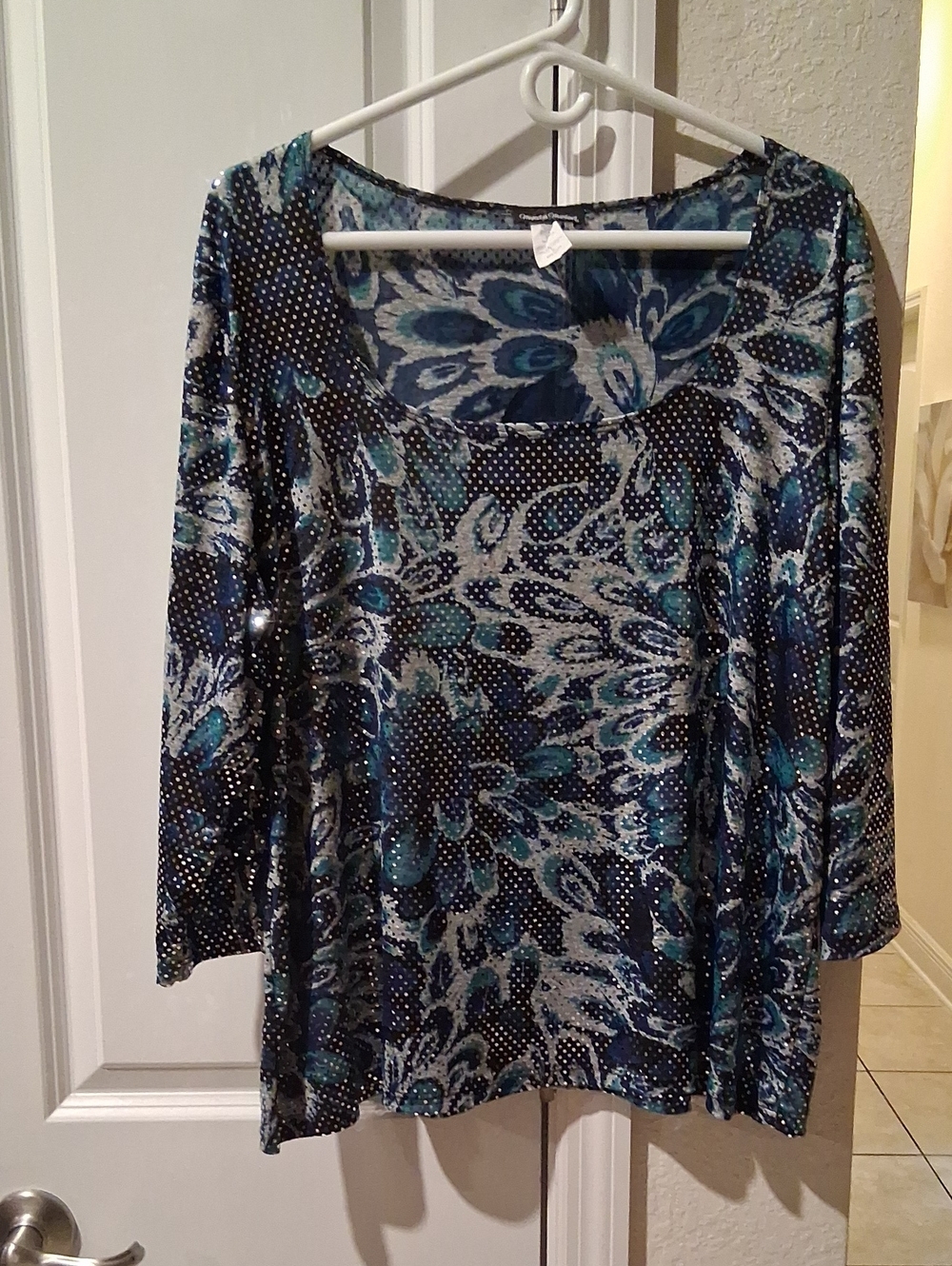 Women's Blue Teal Patterned Scoop Neck Top